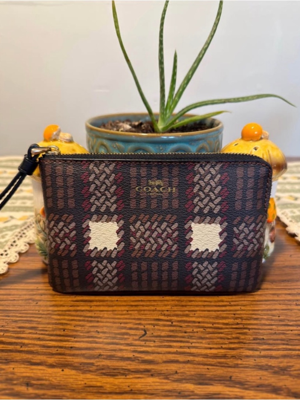 Coach Brown Plaid Zip Wristlet